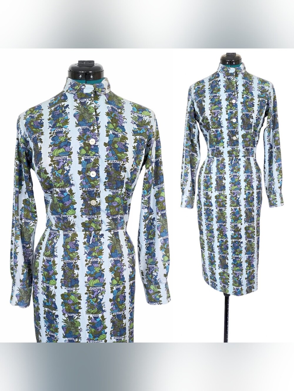 1950s Vintage Dress 50s Wiggle Cocktail Novelty Vegetable Garden XS Small Blue